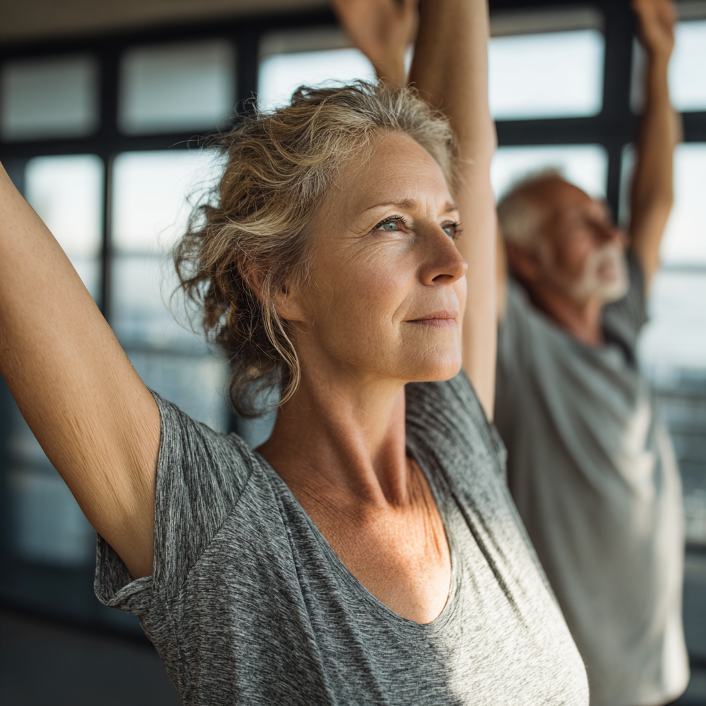 middle-aged adults practicing gentle movement exercises in natural lighting