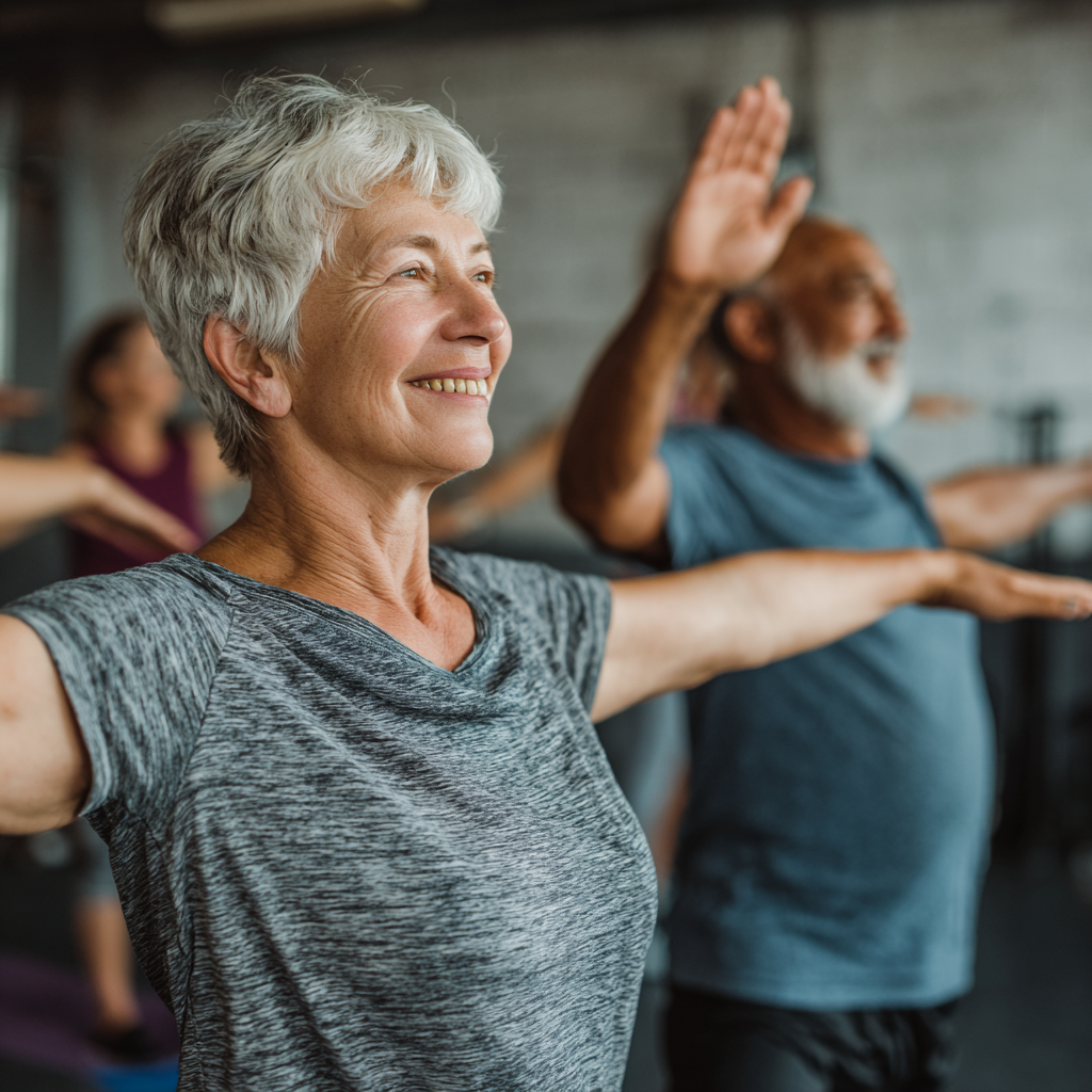 older adults enjoying active movement and flexibility training together